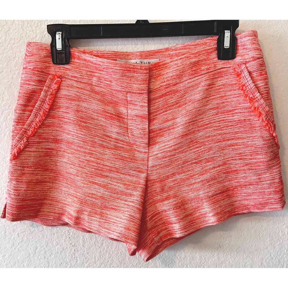 Trina Turk Coral Preppy Resortwear Tweed Fringe Pocket Shorts SZ 2 Linen Blend